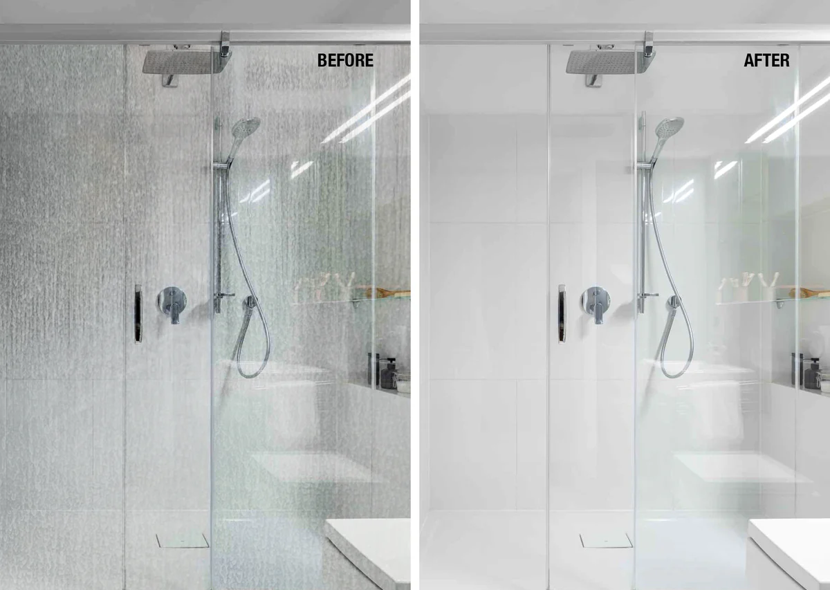 Before and after of a full shower enclosure — soap scum and water marks removed