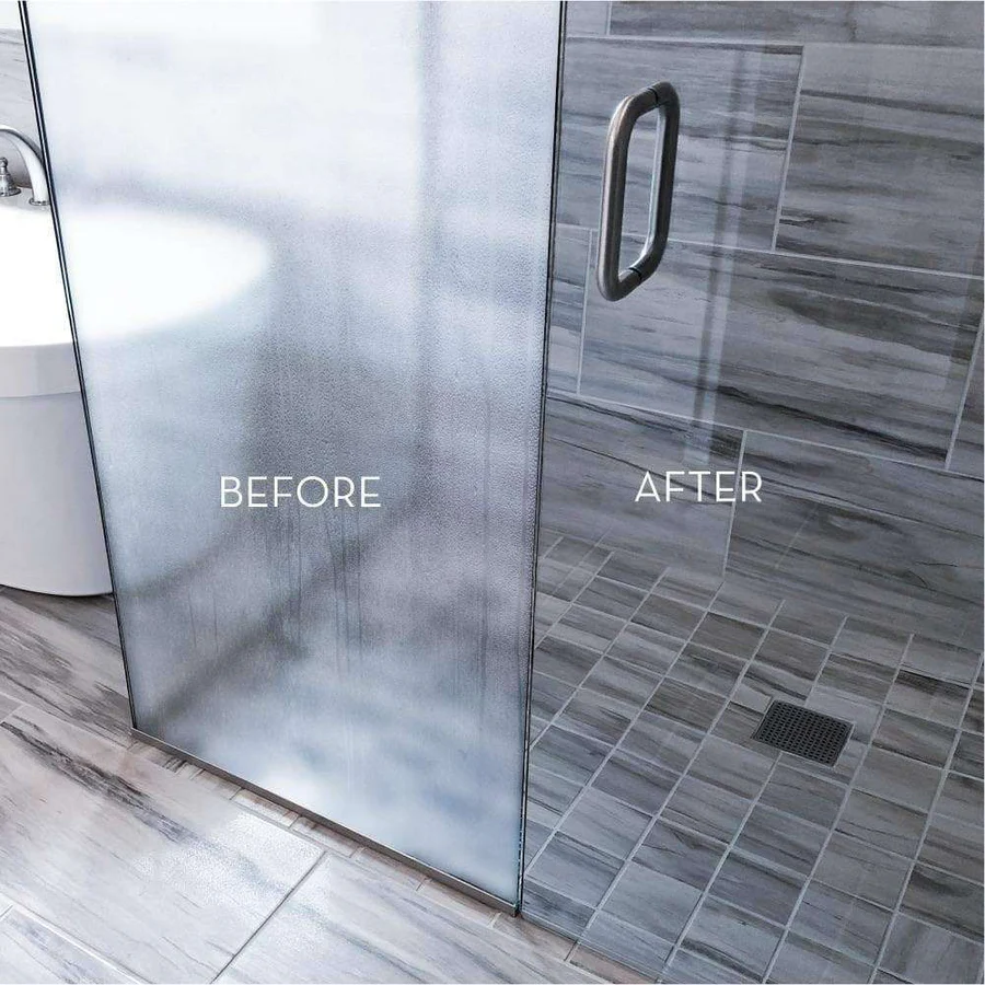 Before and after deep clean of a glass shower door — hard water spots removed